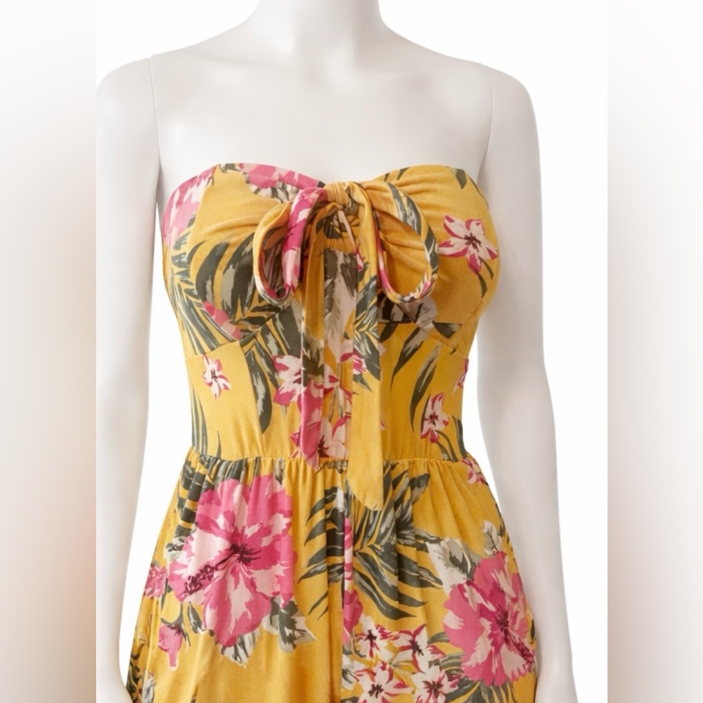 No Boundaries Yellow Floral Strapless Cropped Jumpsuit with Tie Front